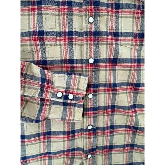 Taylor Stitch Shirt Glacier Pearl Snap Western Flannel Beige Red Navy Cotton L - Picture 4 of 6